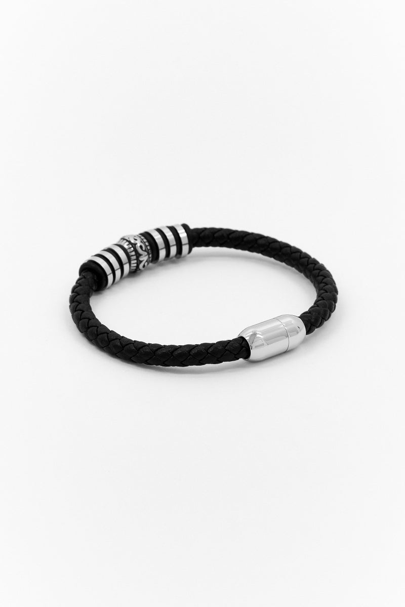 Steeltime Men Braided Leather And Stainless Steel Beads Bracelet, Black - Image 2